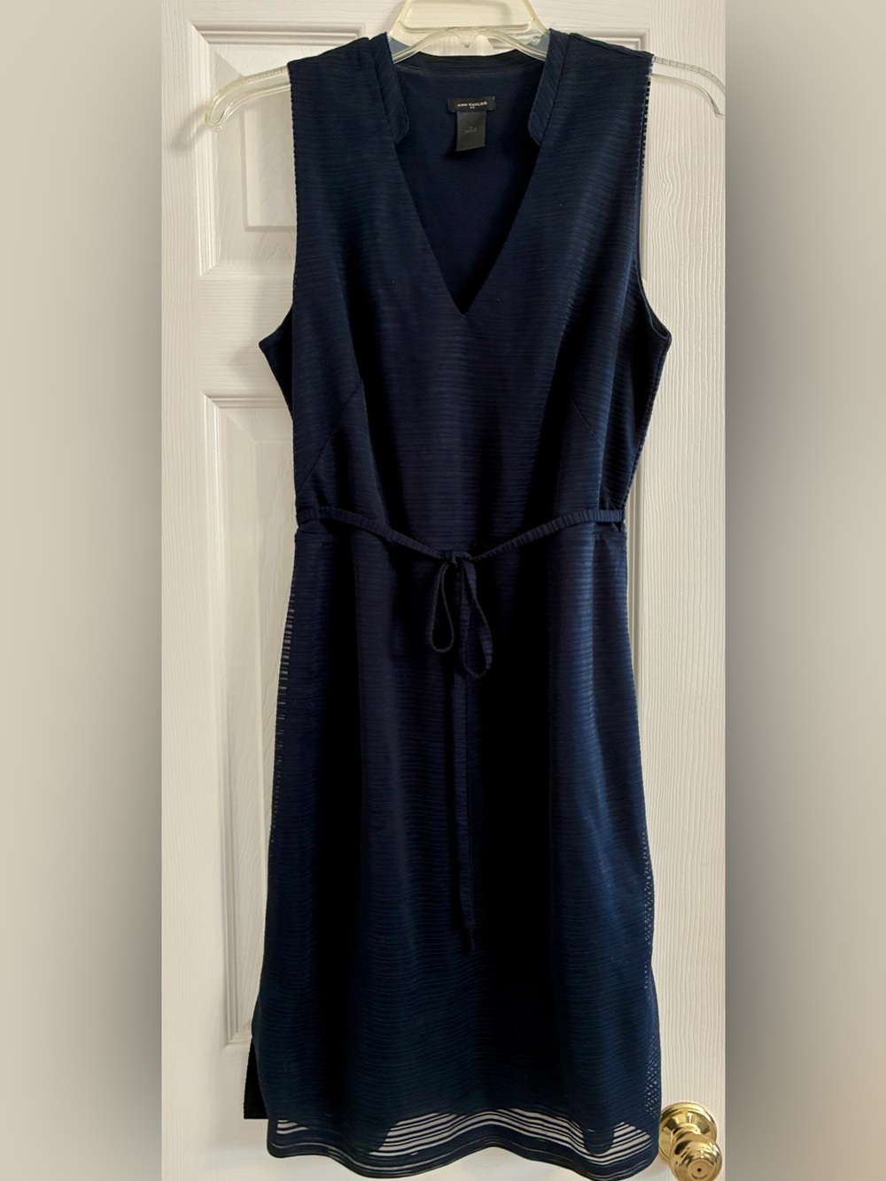Ann Taylor Navy Textured V-Neck Tie-Waist Sheath Dress